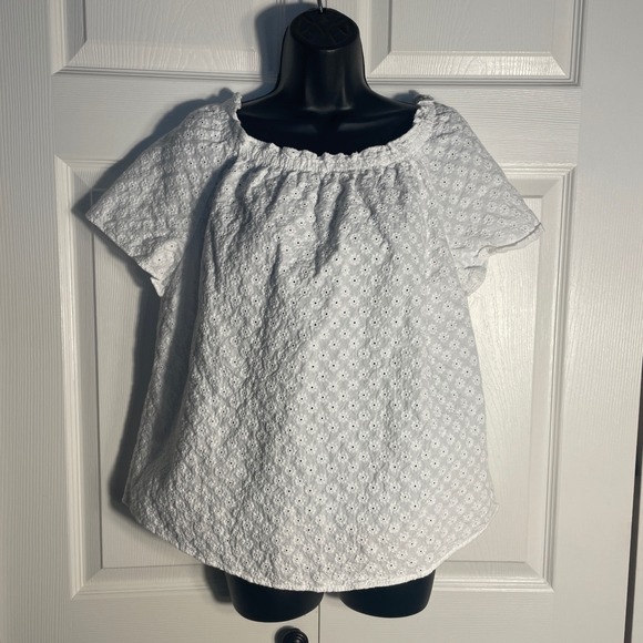 Talbots Tops - Talbots Shirt Womens L‎ White Floral Eyelet Lace Short Sleeve Cottagecore Blouse